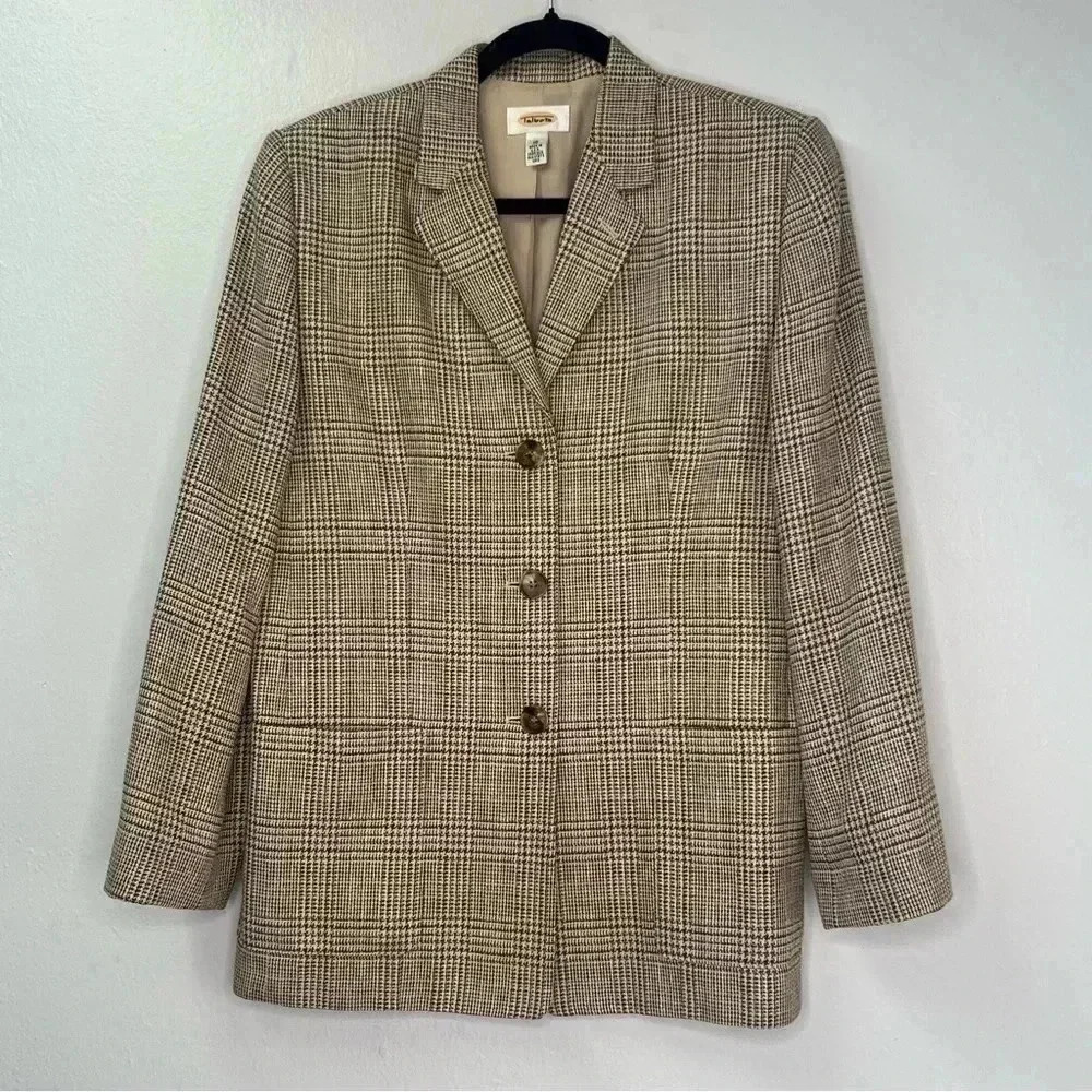 Talbots Vintage 90s ‎ Silk Linen Blend houndstooth print plaid Blazer Sz 10